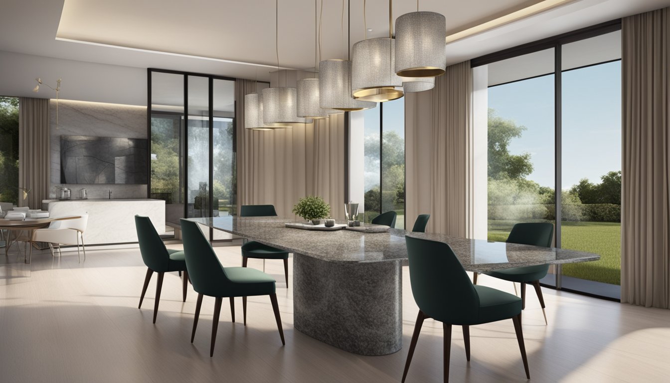 A sleek granite dining table sits in a well-lit room, surrounded by modern chairs. The table's smooth surface reflects the ambient light, creating a luxurious and inviting atmosphere
