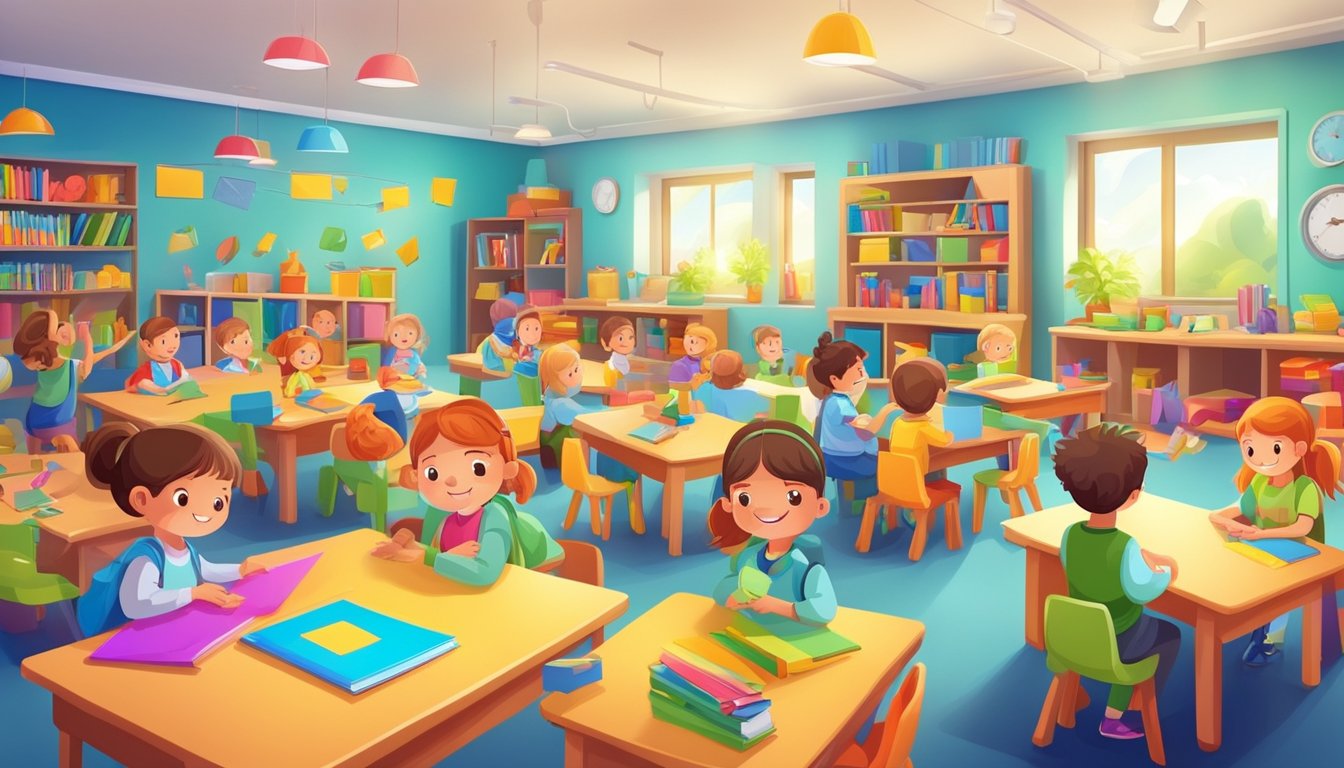 A colorful classroom with toys and educational materials, surrounded by happy children engaged in various activities, under the guidance of caring and qualified teachers