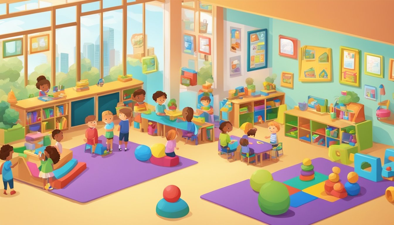 A colorful classroom with toys and books, a playground with slides and swings, and a group of children engaged in various educational activities