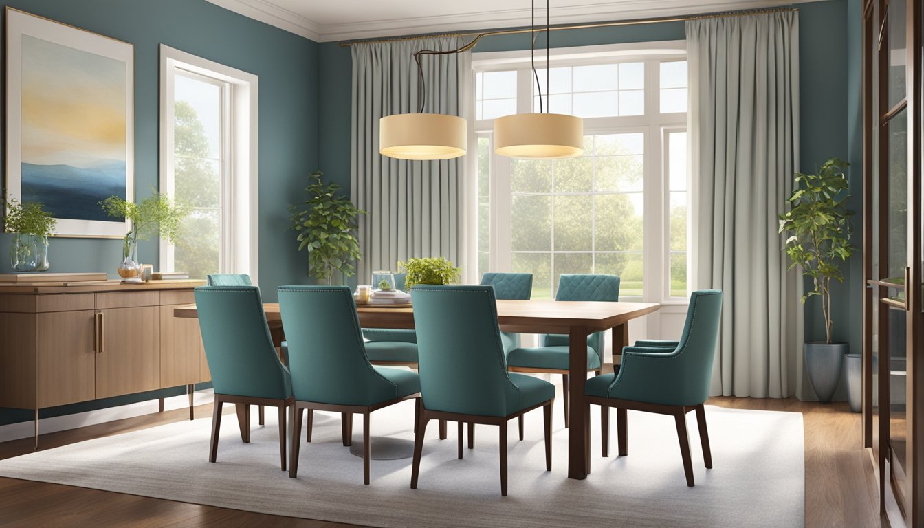 A dining room with sleek, cushioned chairs around a stylish table, bathed in warm, natural light from large windows