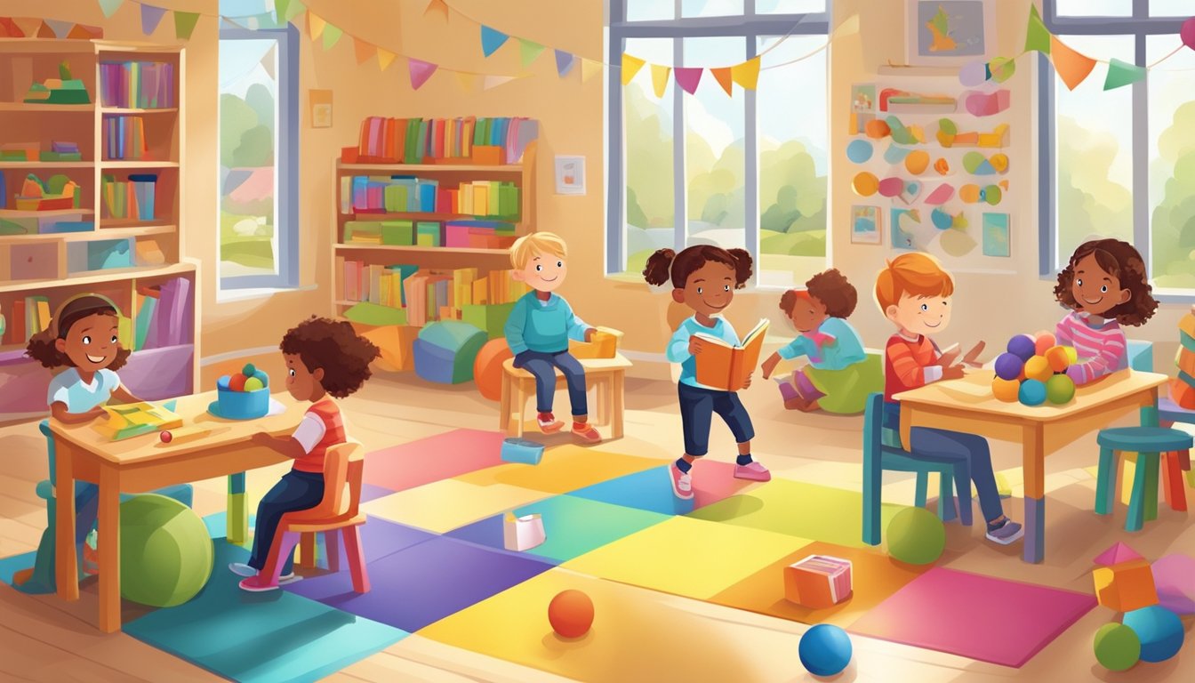 Children happily playing with educational toys in a bright, spacious classroom with colorful decorations and a cozy reading corner