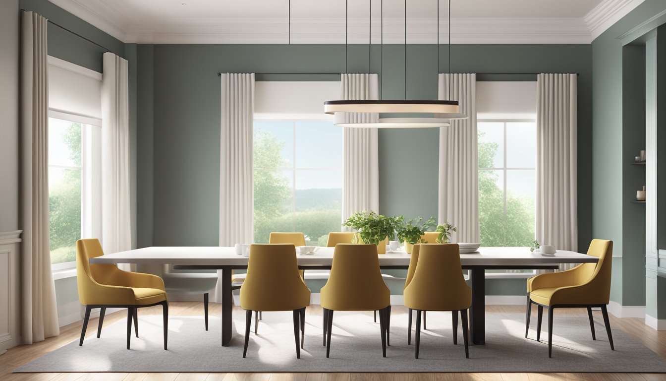 A sleek, modern dining room with upholstered chairs around a minimalist table, bathed in natural light from large windows