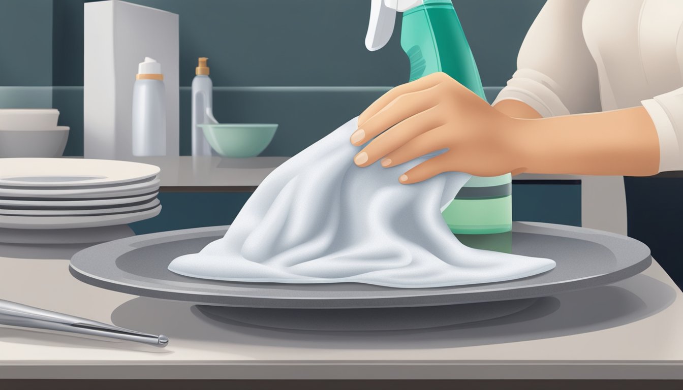 A hand gently wipes down a sleek granite dining table with a soft cloth, maintaining its smooth surface. A nearby shelf holds a selection of polish and cleaners for ongoing care