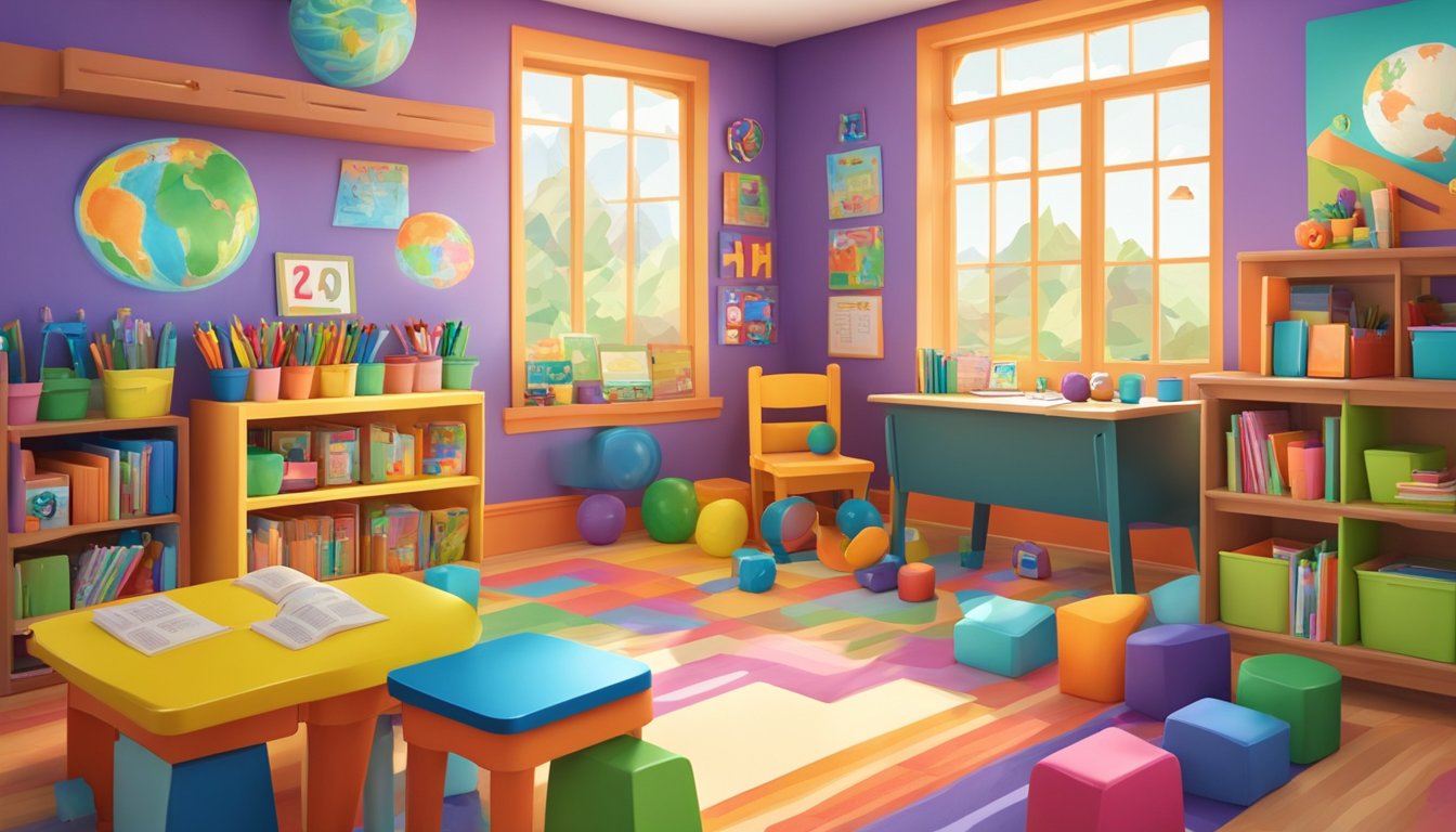 A colorful classroom with educational materials, toys, and a cozy reading corner. Brightly painted walls display letters, numbers, and vibrant artwork