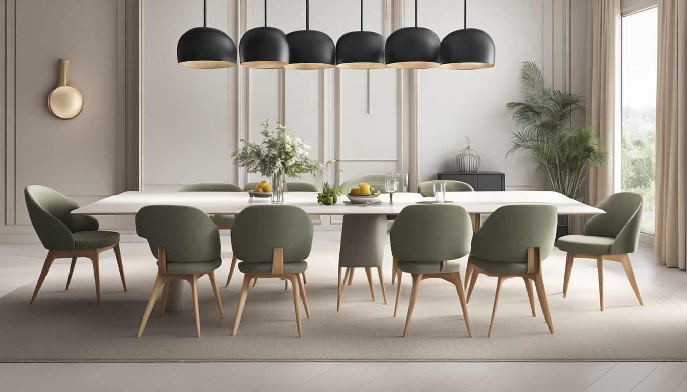 A set of modern upholstered dining chairs arranged around a sleek, minimalist table, with clean lines and neutral colors