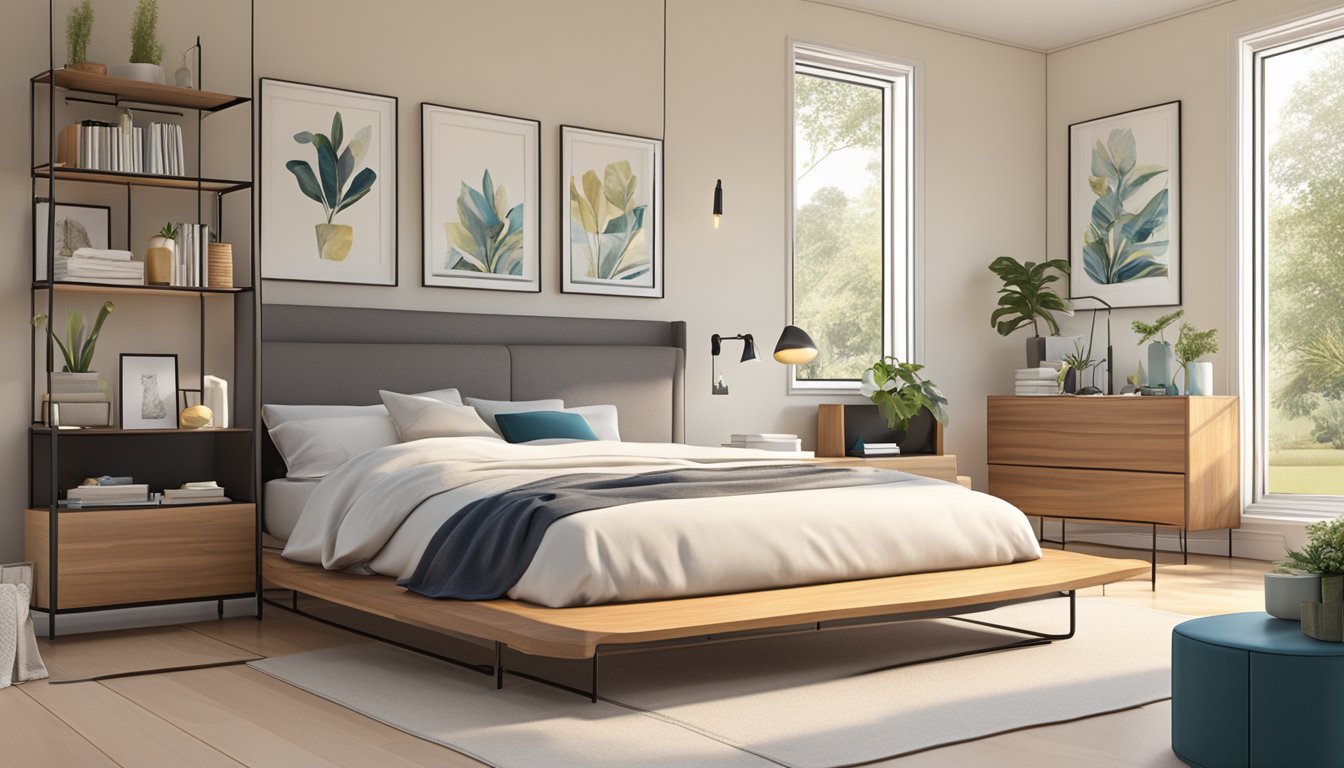 A king bed frame with built-in storage stands against a wall, neatly organized with various items stored inside. The room is well-lit with natural light, creating a warm and inviting atmosphere
