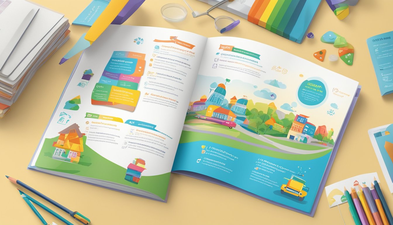 A colorful brochure lies open on a desk, displaying a list of support services and offerings for preschools in Singapore. The vibrant graphics and clear text make it an informative and visually appealing guide