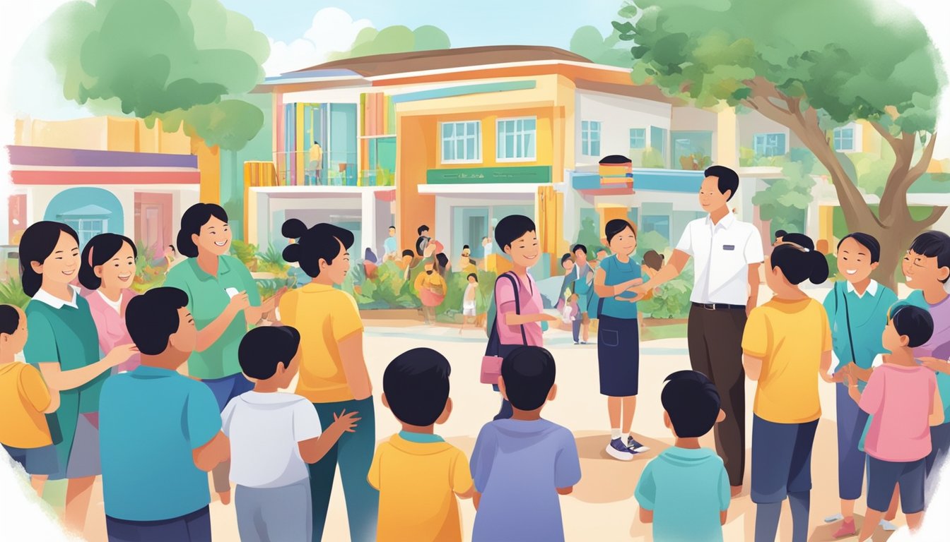 A group of parents and community members gather around a colorful and welcoming preschool in Singapore, exchanging information and discussing the importance of parental involvement in early childhood education