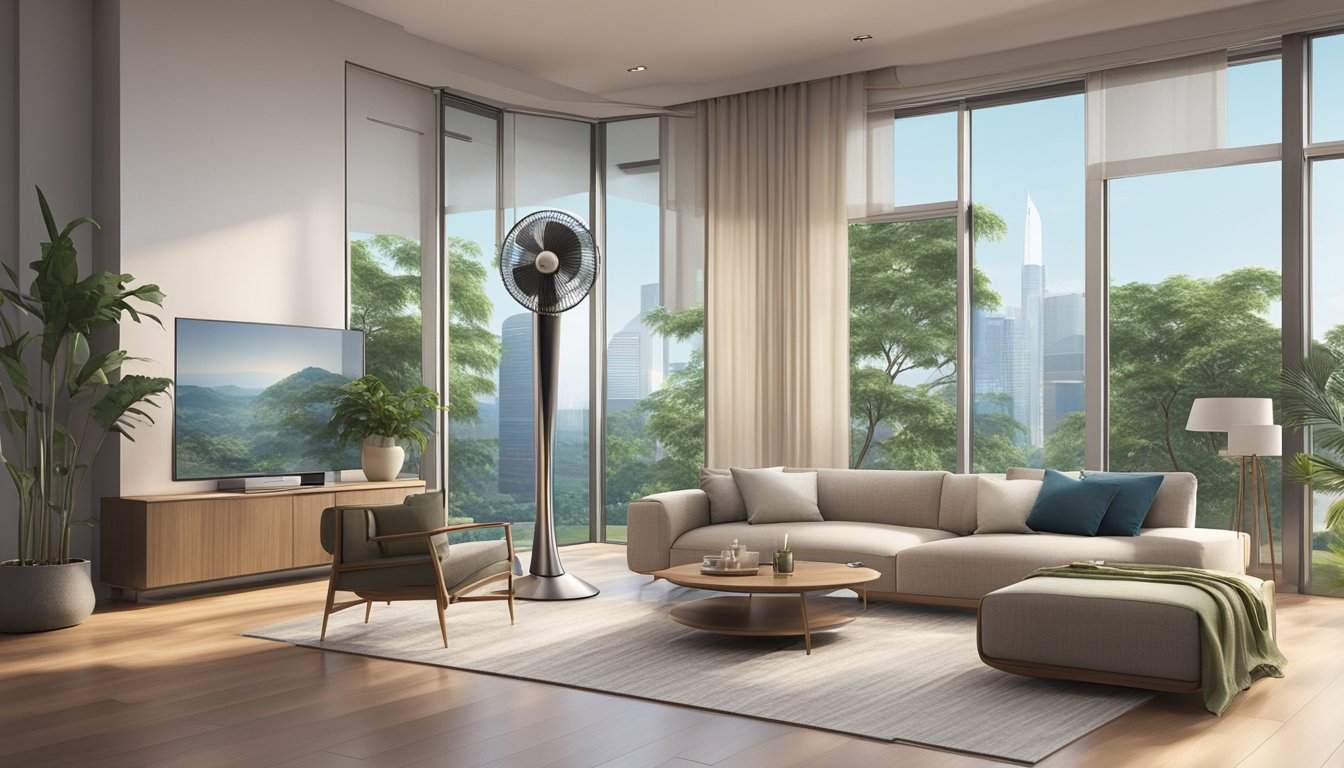 A tower fan stands tall in a modern Singaporean living room, with sleek lines and a digital display. The fan oscillates quietly, providing a cool breeze in the warm tropical climate