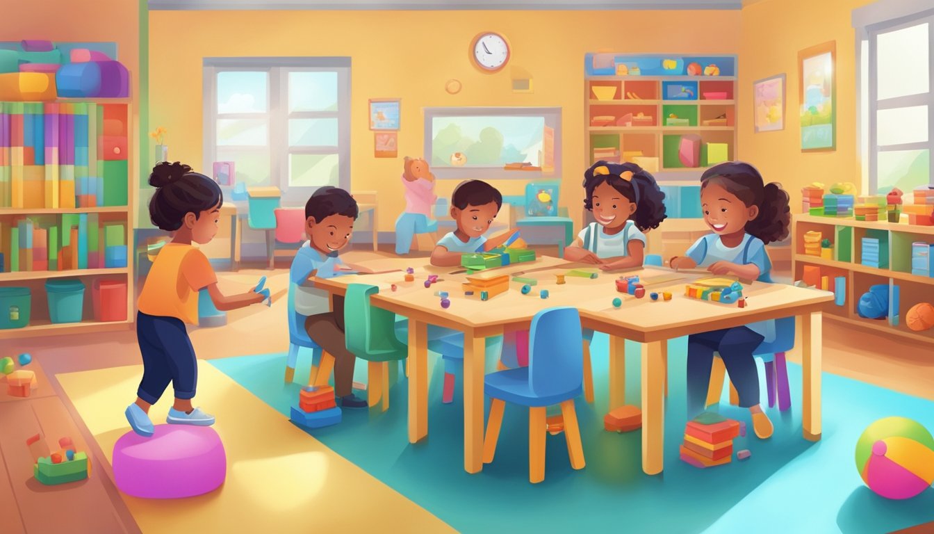 Children playing with educational toys in a colorful and spacious classroom, with a teacher engaging them in learning activities