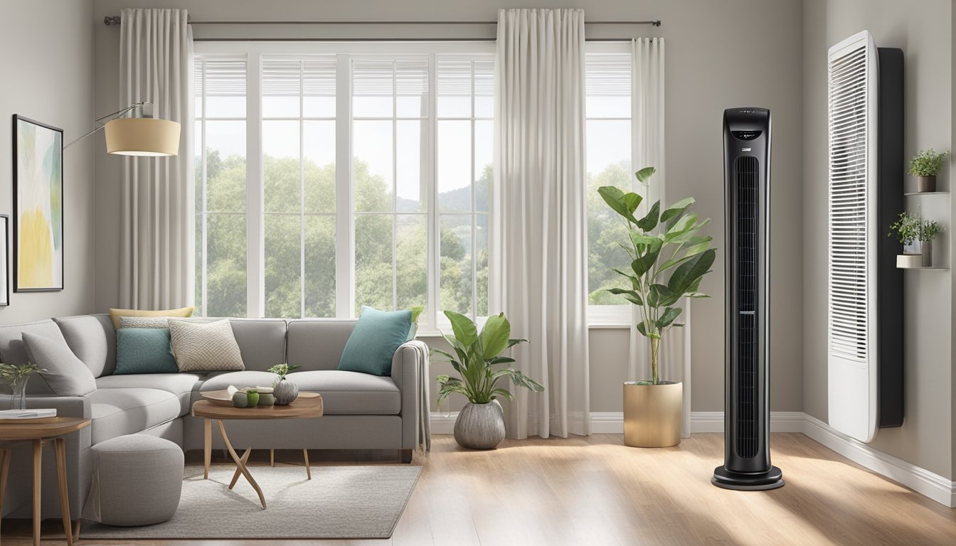 A tower fan stands tall in a cozy living room, gently circulating air. The sleek design and quiet operation make it the perfect addition to any home