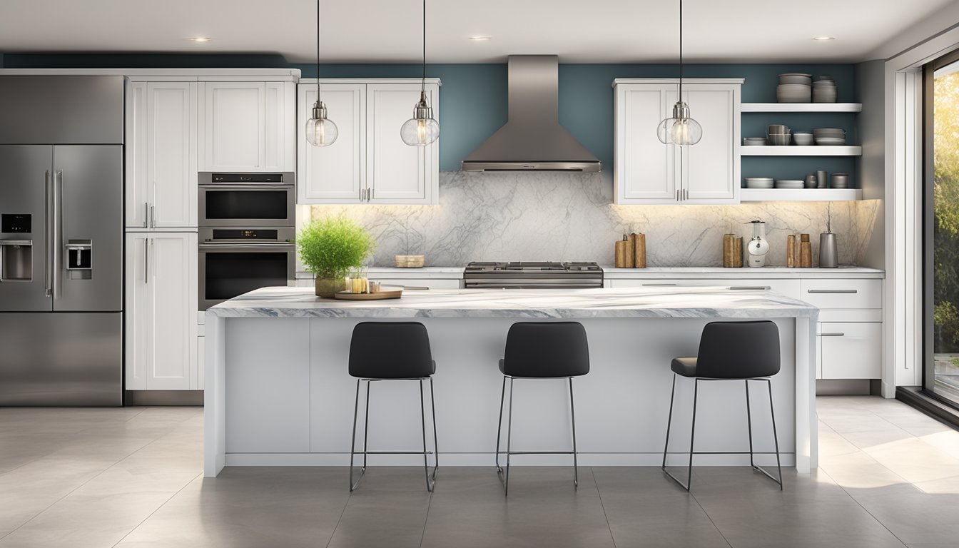 A modern kitchen with sleek white cabinets, stainless steel appliances, and a marble countertop. The cabinets have built-in lighting and glass doors to showcase dishware