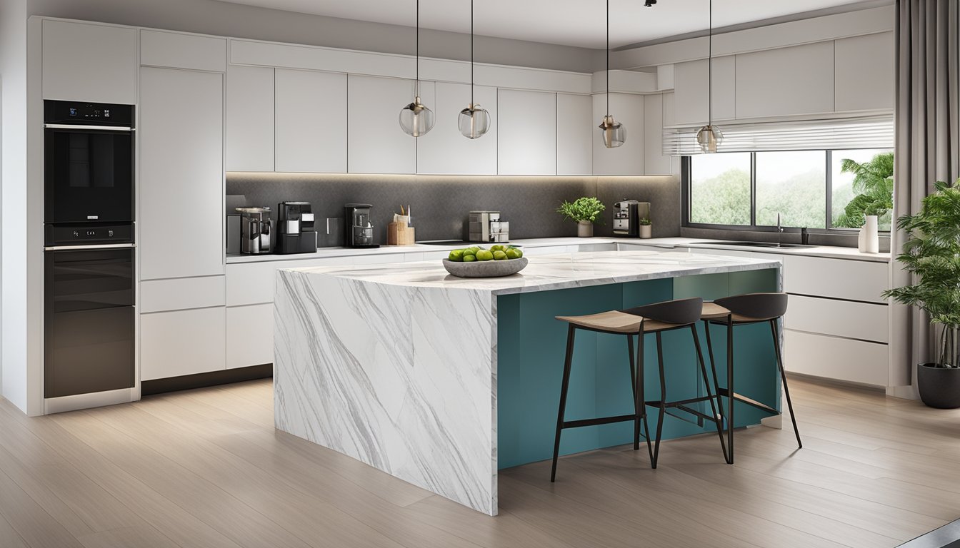 A modern HDB kitchen with sleek white cabinets, stainless steel appliances, and a large island with a marble countertop