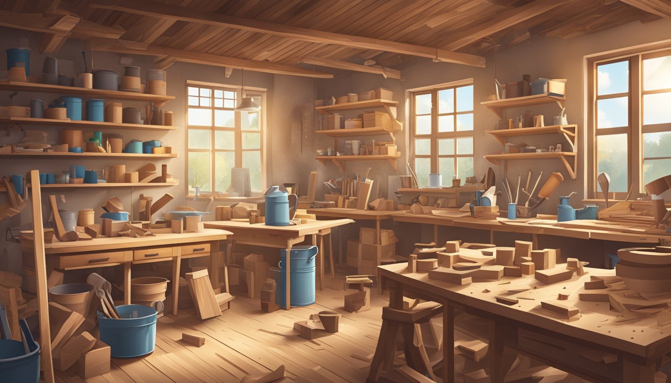 A bustling workshop with sawdust in the air, tools neatly organized, and unfinished wooden furniture scattered around