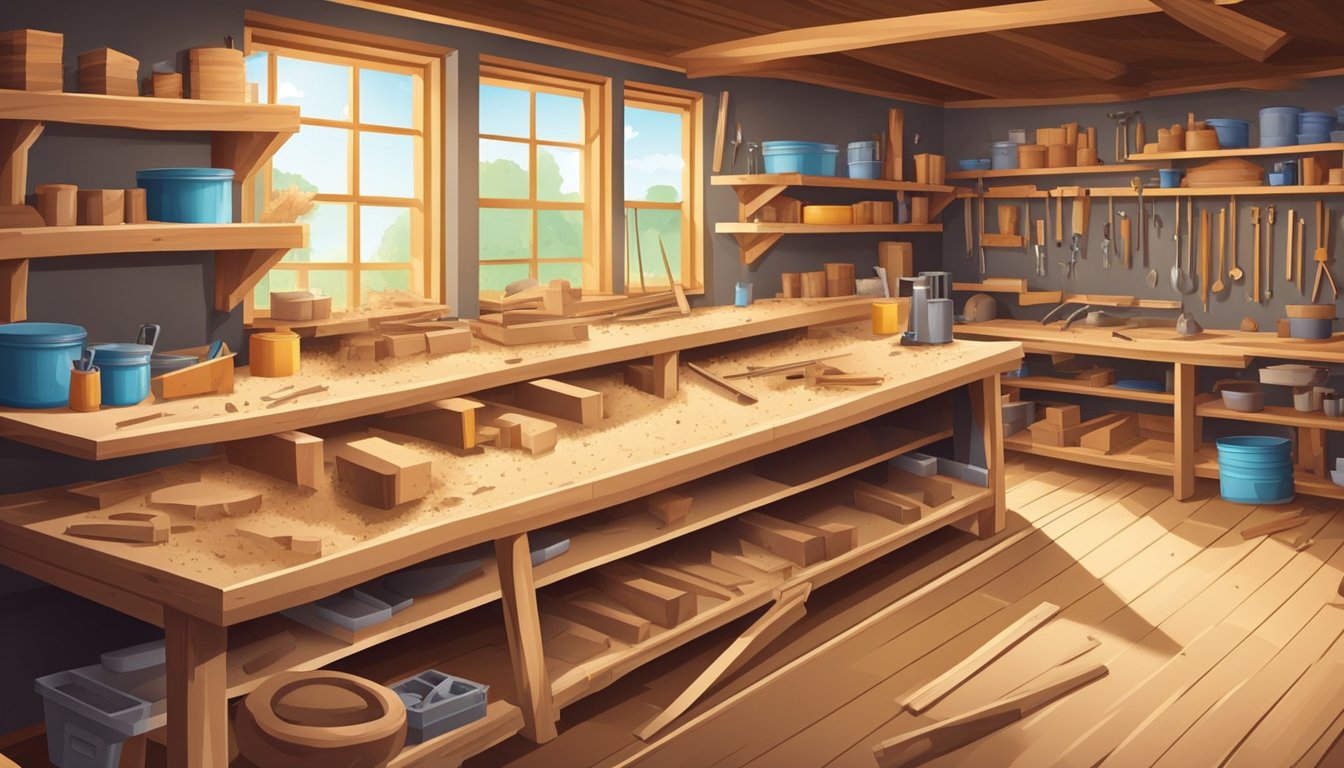 A carpentry workshop with various tools and equipment neatly organized on shelves and workbenches. Sawdust and wood shavings scattered on the floor