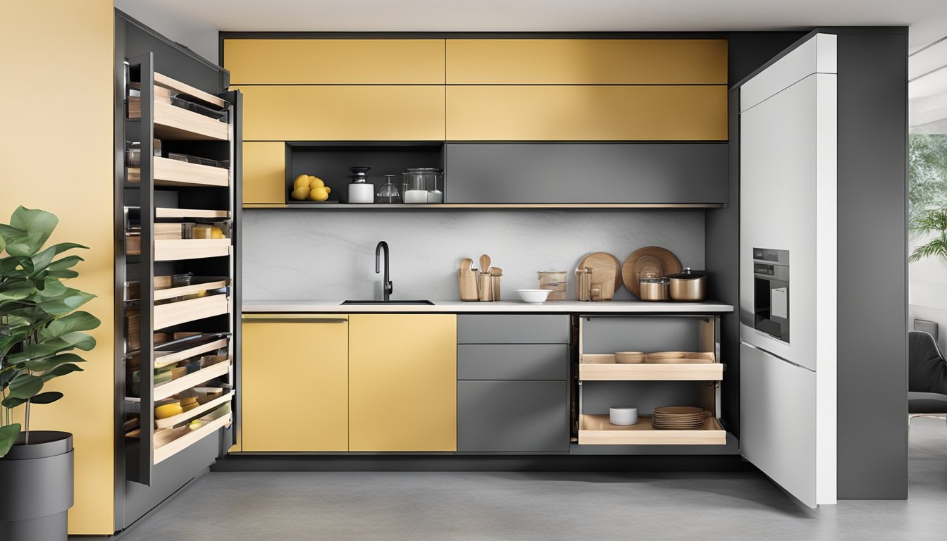 A modern kitchen cabinet with pull-out drawers, adjustable shelves, and hidden storage compartments