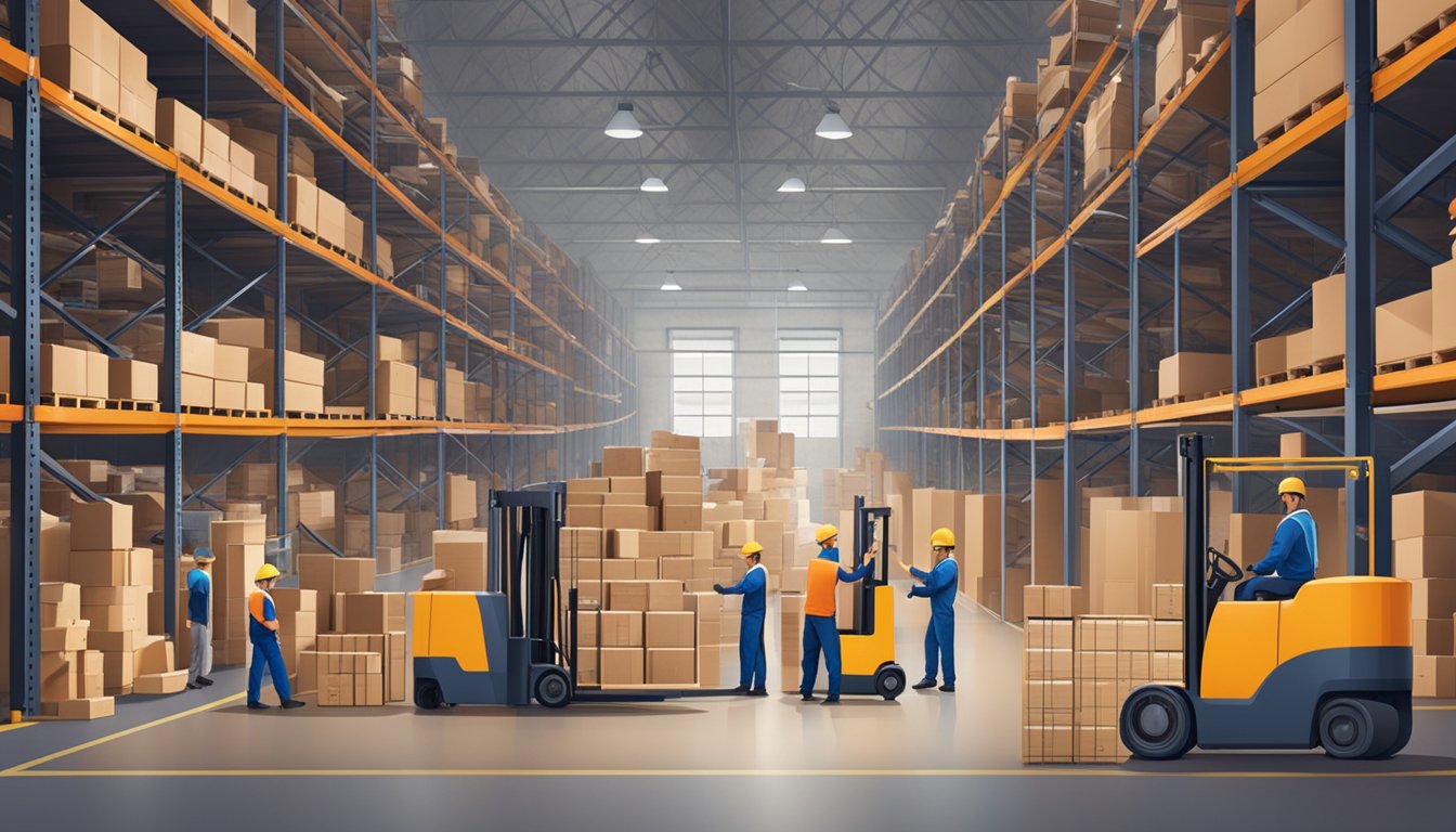 A large warehouse filled with neatly stacked furniture of various styles and sizes, with forklifts and workers moving around to organize the inventory