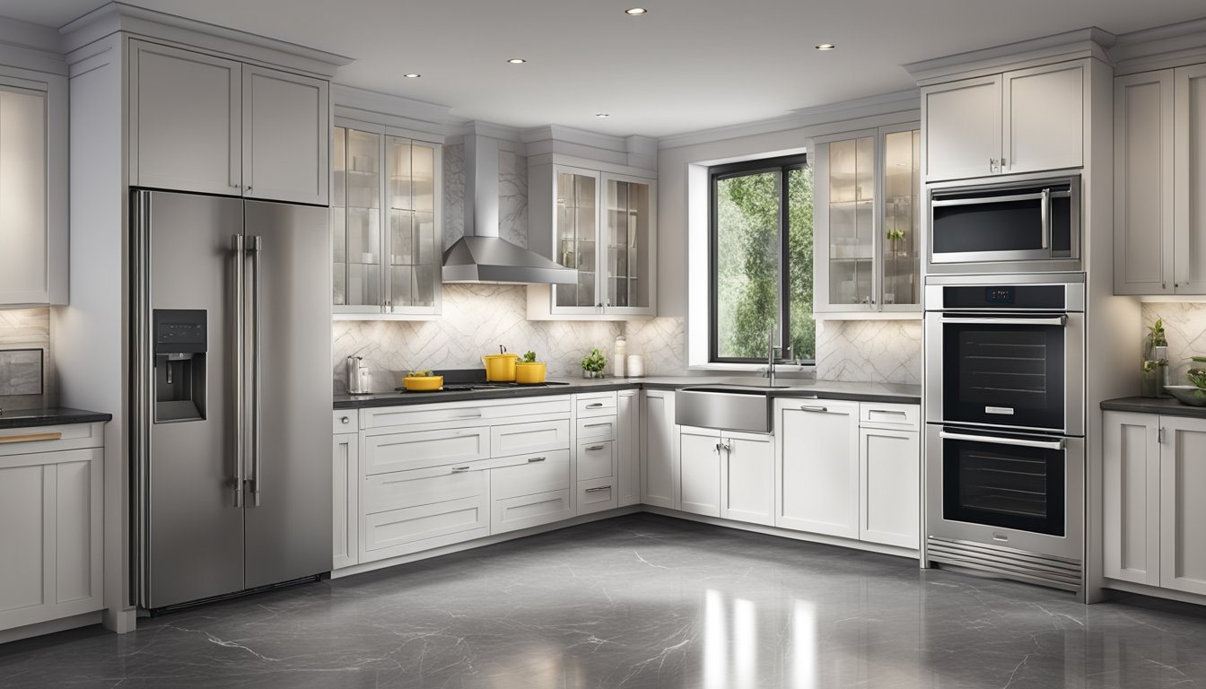 A modern oven with digital controls and a clear glass door, surrounded by a clean and spacious kitchen with marble countertops and stainless steel appliances