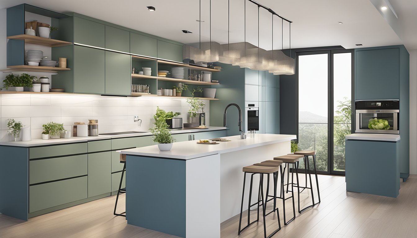 A modern kitchen with sleek hdb cabinets, organized and functional, with space-saving ideas