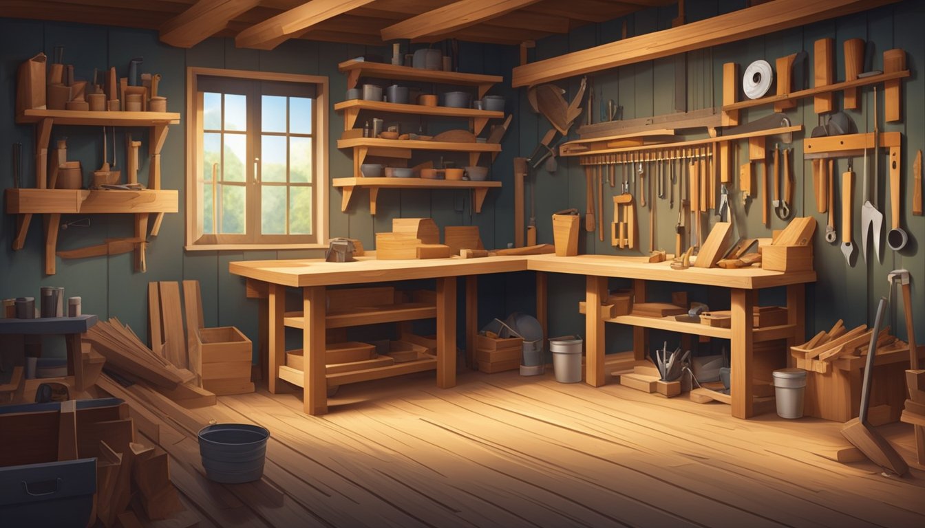 A carpenter's workshop with tools hanging on the walls, sawdust on the floor, and a workbench cluttered with wood and measuring instruments