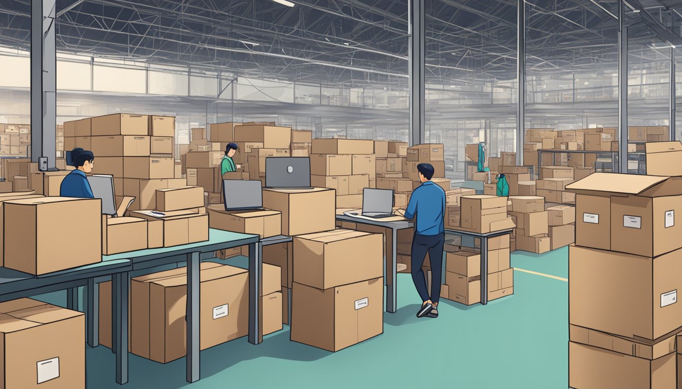 A bustling furniture warehouse in Singapore with stacks of boxes, shelves of home goods, and a customer service desk with a sign that reads "Frequently Asked Questions"