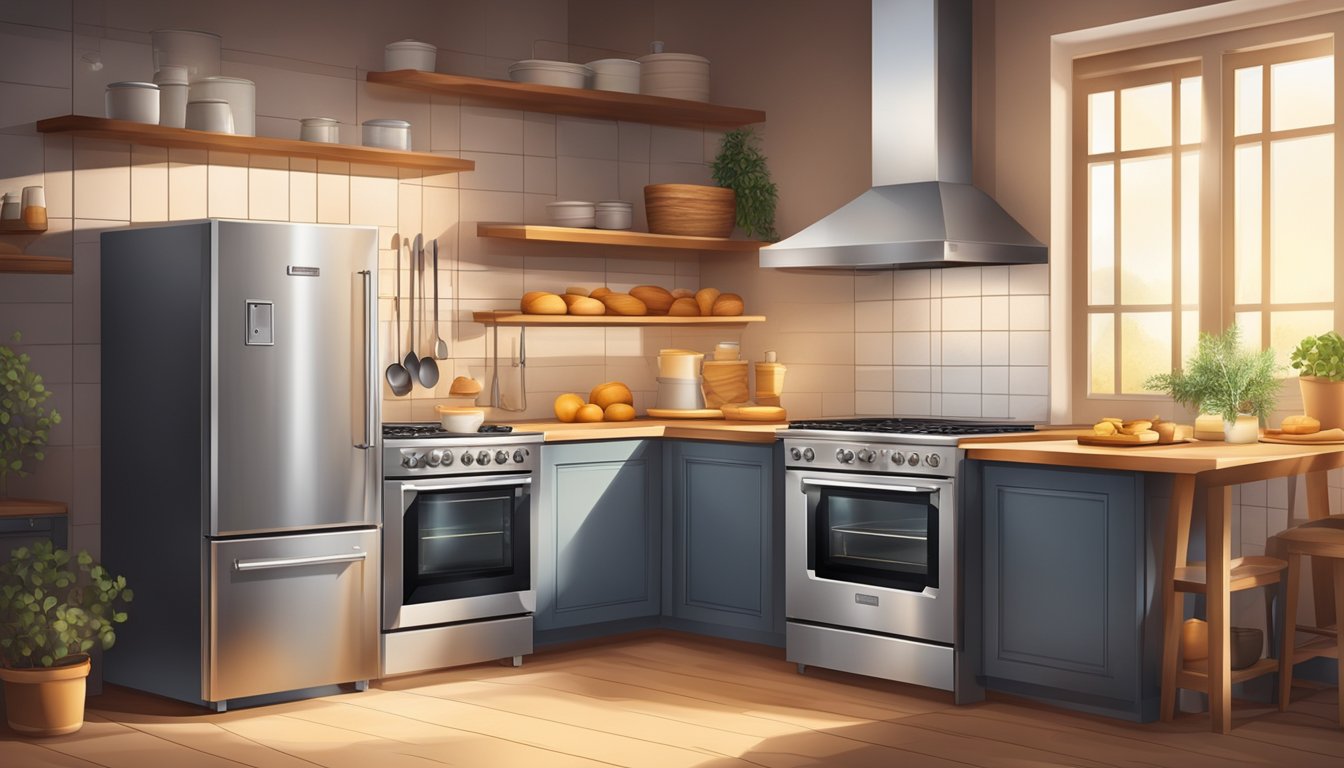 A modern kitchen with a sleek stainless steel oven, filled with the warm glow of baking bread and the aroma of freshly baked goods