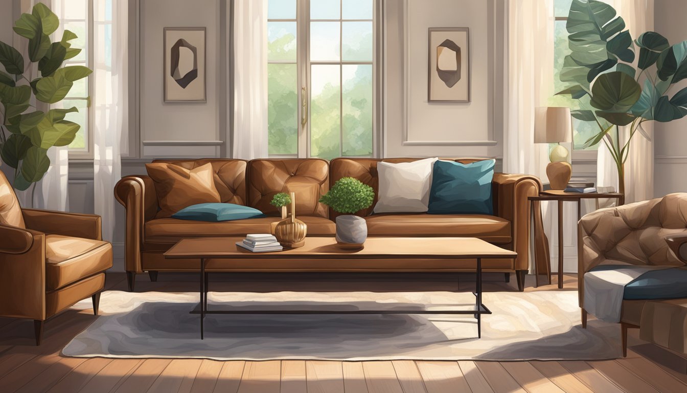 A leather sofa sits in a well-lit living room, surrounded by elegant decor and soft, inviting pillows