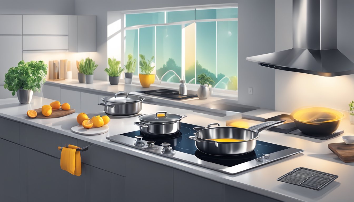 A sleek, modern kitchen with a stainless steel induction cooktop, glowing with heat and surrounded by various pots and pans ready for cooking