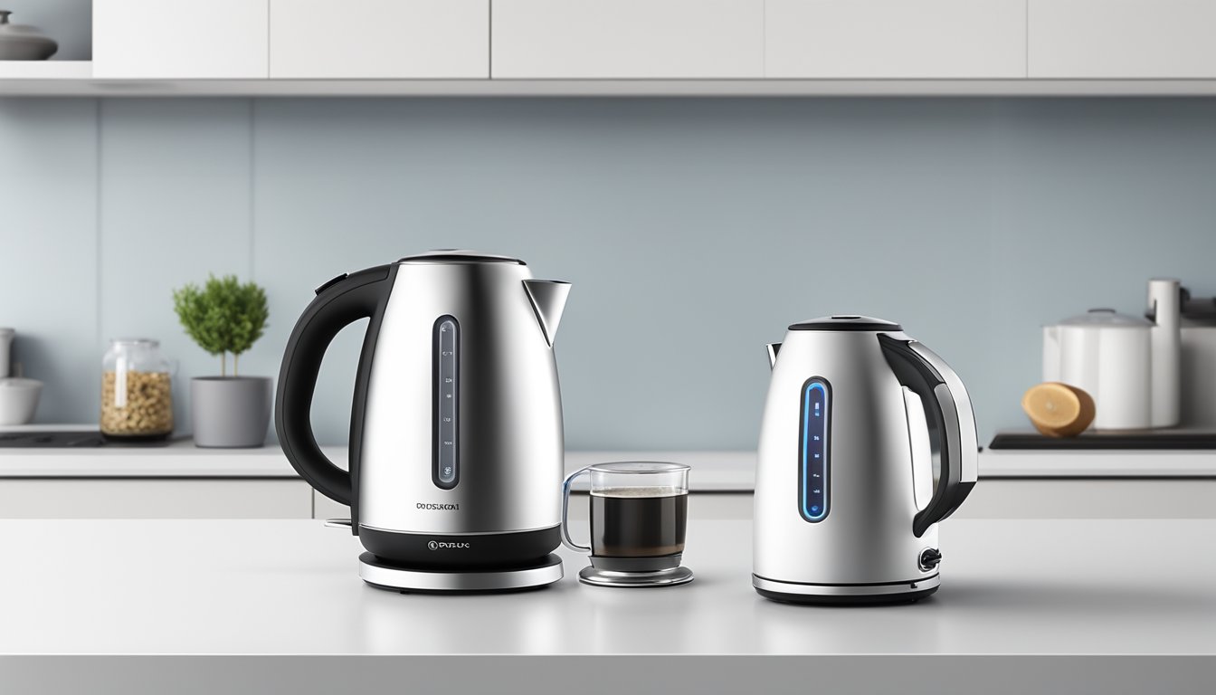 A modern electric kettle sits on a clean, white countertop, with a 3-liter capacity. The kettle is sleek and silver, with a clear water level indicator and a simple on/off switch