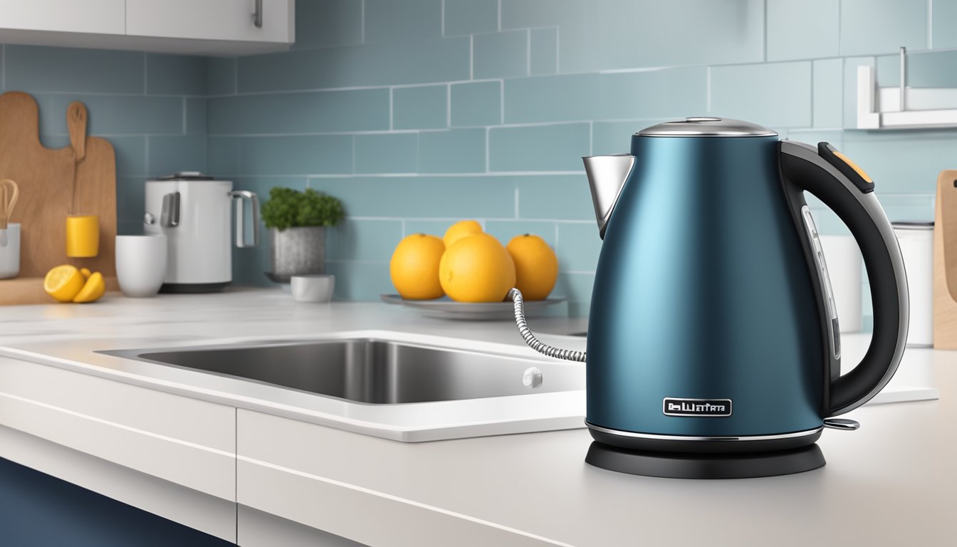 An electric kettle sits on a clean kitchen countertop, plugged into an outlet. The kettle's 3-liter capacity is clearly labeled, and a small indicator light shows that it is powered on