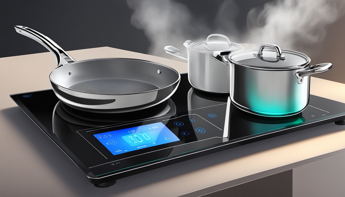 A sleek induction cooktop with touch controls, glowing heating elements, and a pot of water boiling rapidly