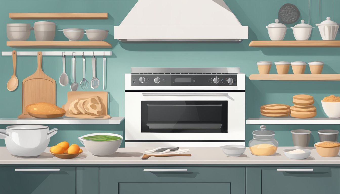 A modern kitchen with a sleek oven, shelves of baking ingredients, and a recipe book open to a page on baking tips