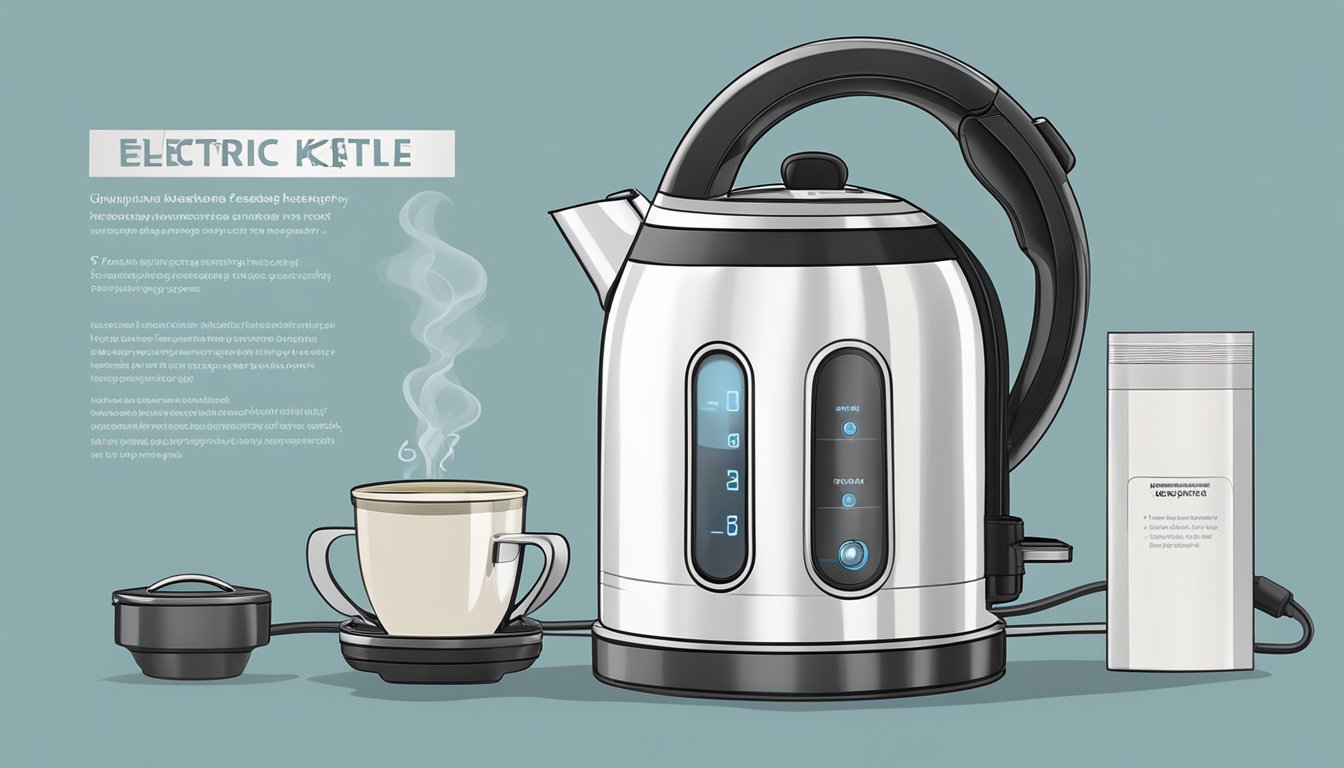An electric kettle with a 3-liter capacity surrounded by steam, plugged into a wall socket, with a "Frequently Asked Questions" label on the packaging
