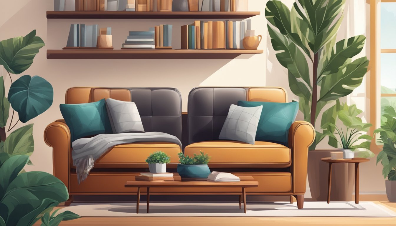 A leather sofa in a modern living room, surrounded by plants and books, with a cozy throw blanket draped over the armrest
