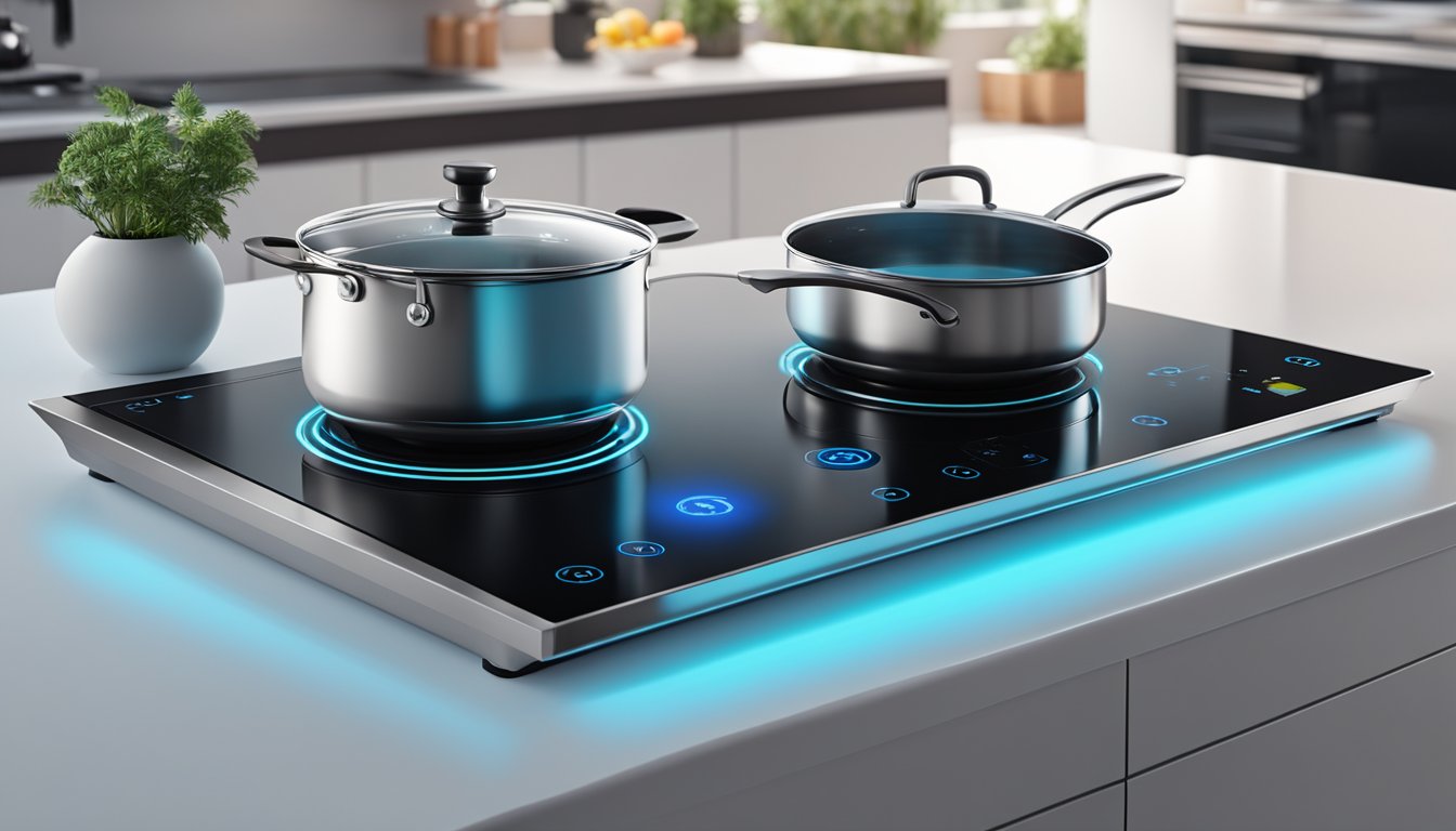 A sleek induction cooktop with touch controls, emitting a soft blue glow, sits on a clean, modern kitchen counter. A pot of water boils on the surface, steam rising