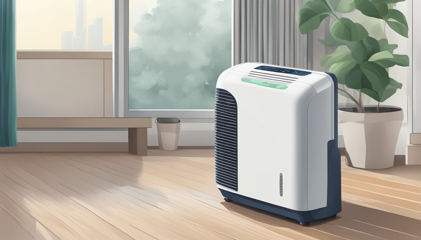 A dehumidifier sits in a Singaporean home, removing moisture from the air