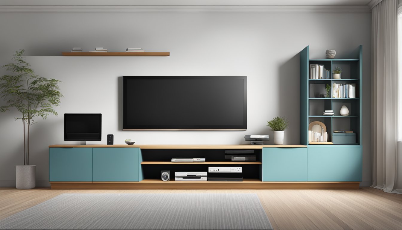 A sleek, modern TV console stands against a white wall, with built-in shelves and compartments for electronic devices