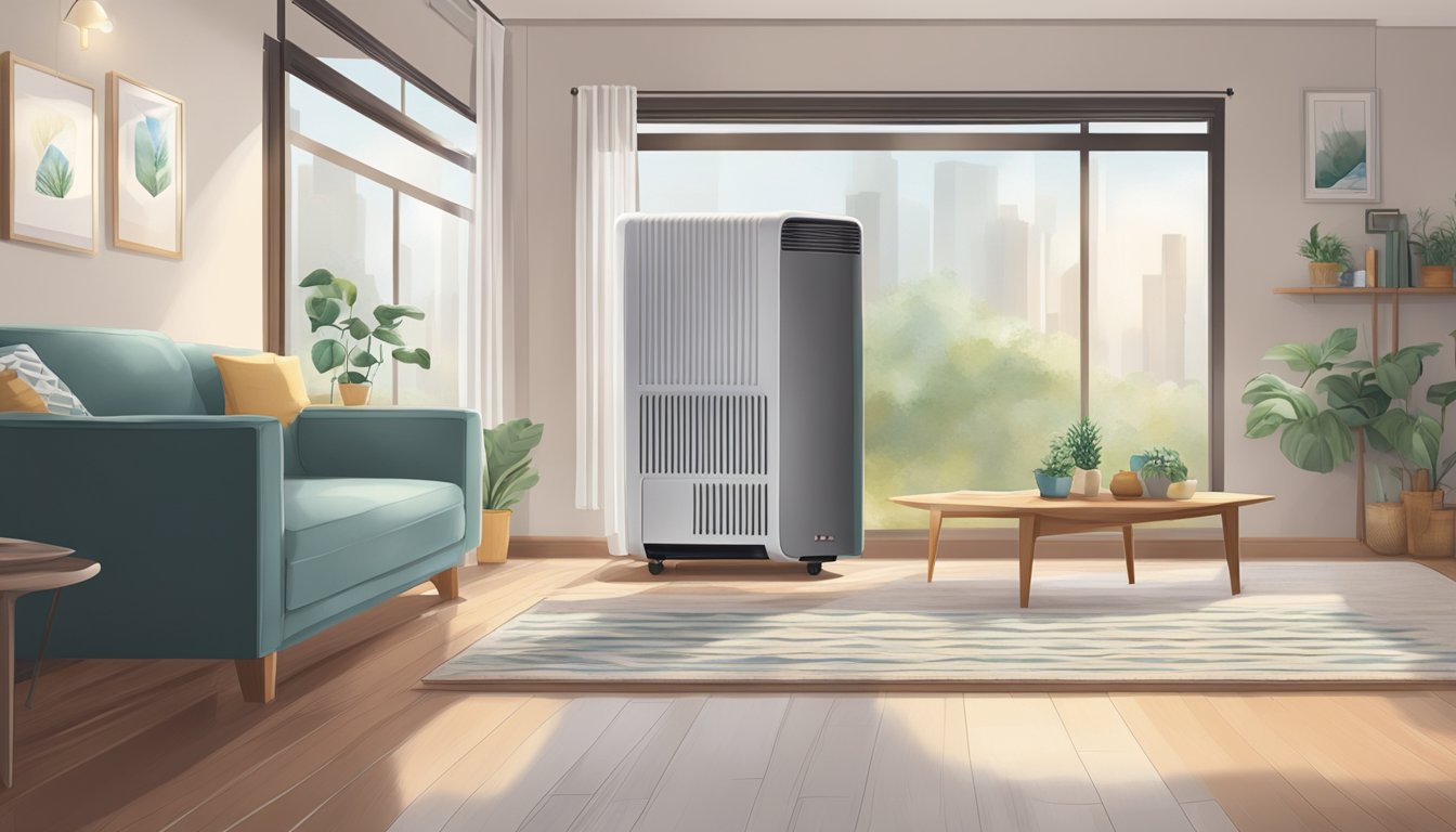 A dehumidifier sits in a cozy Singaporean living room, quietly removing excess moisture from the air, creating a comfortable and healthy environment