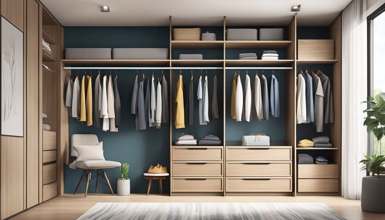 A spacious walk-in wardrobe in an HDB apartment, with built-in shelves, drawers, and hanging space for clothes and accessories
