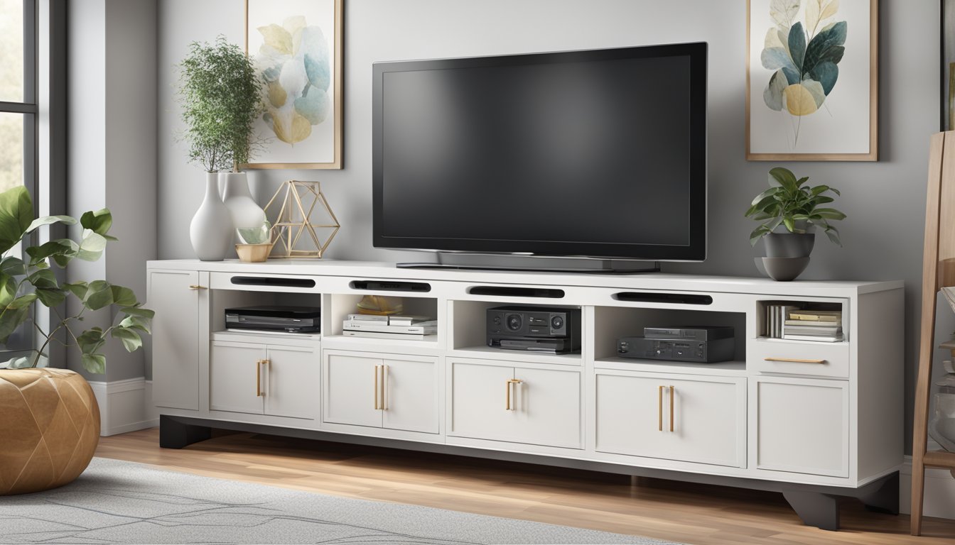 A sleek, modern TV console with built-in shelves and cabinets, neatly organizing electronic devices and displaying decorative items