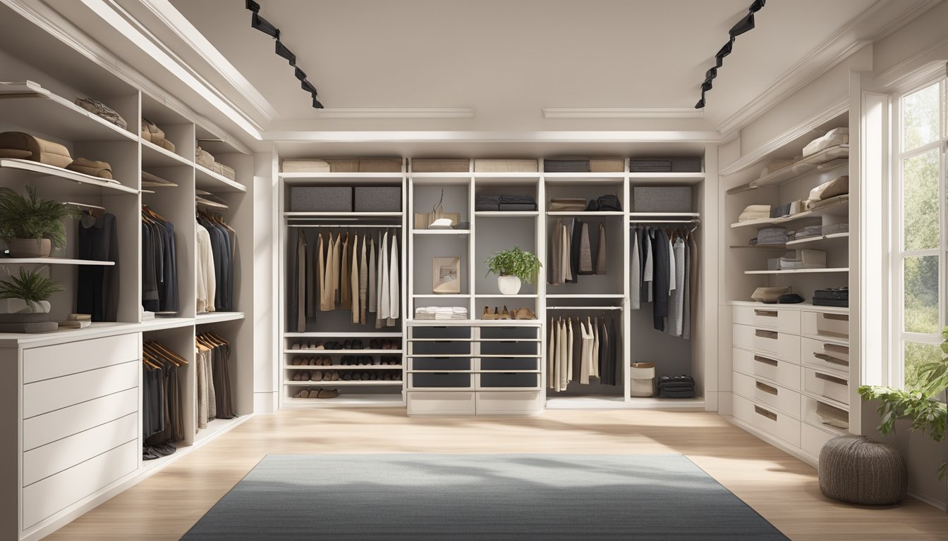 A spacious walk-in wardrobe with custom shelving, hanging space, and a central island for accessories. Natural light floods in through a large window, illuminating the elegant design