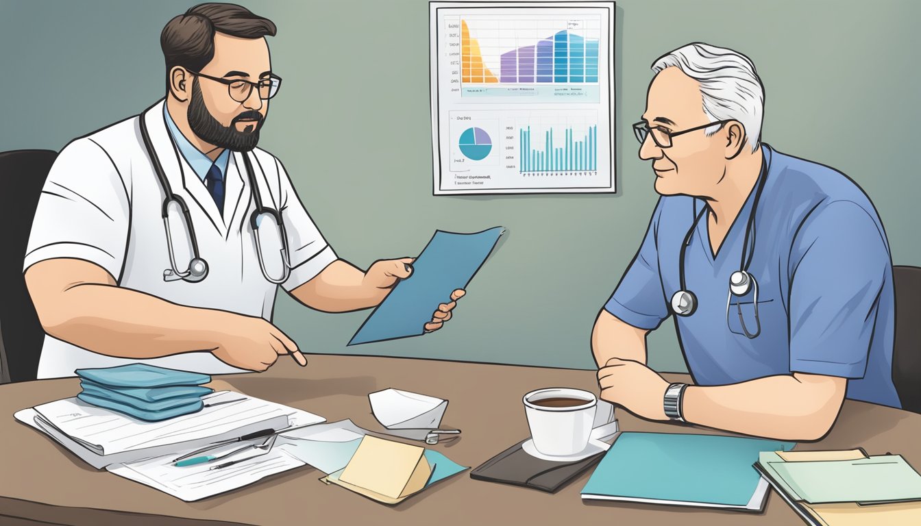 A doctor discussing weight management with a heart failure patient, pointing to a chart showing the link between weight loss and reduced mortality risk