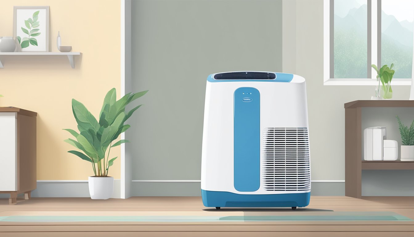 A dehumidifier sits in a Singaporean home, reducing moisture. Customers recommend it for a drier, more comfortable environment