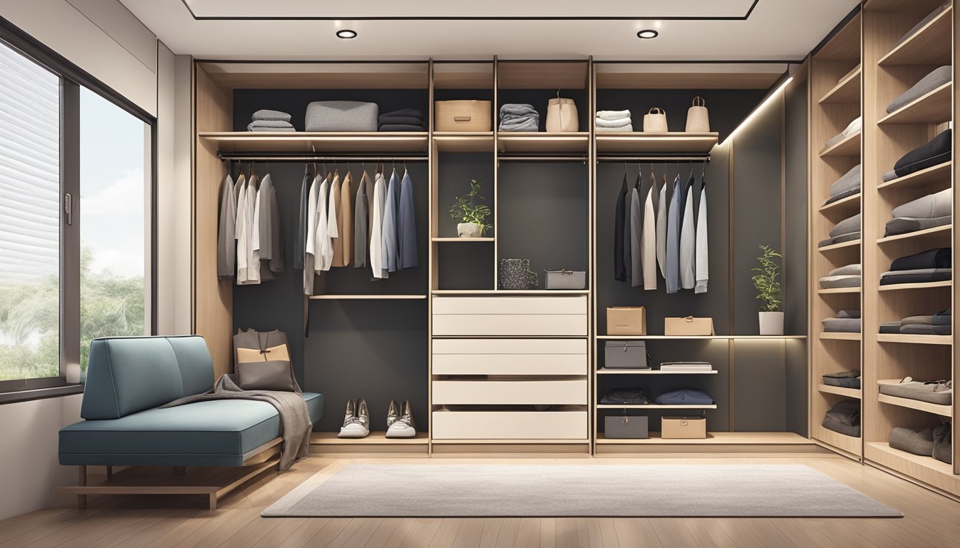 A spacious walk-in wardrobe in an HDB flat, with built-in shelves, drawers, and hanging racks. The room is well-lit with natural light and has a mirror for trying on clothes