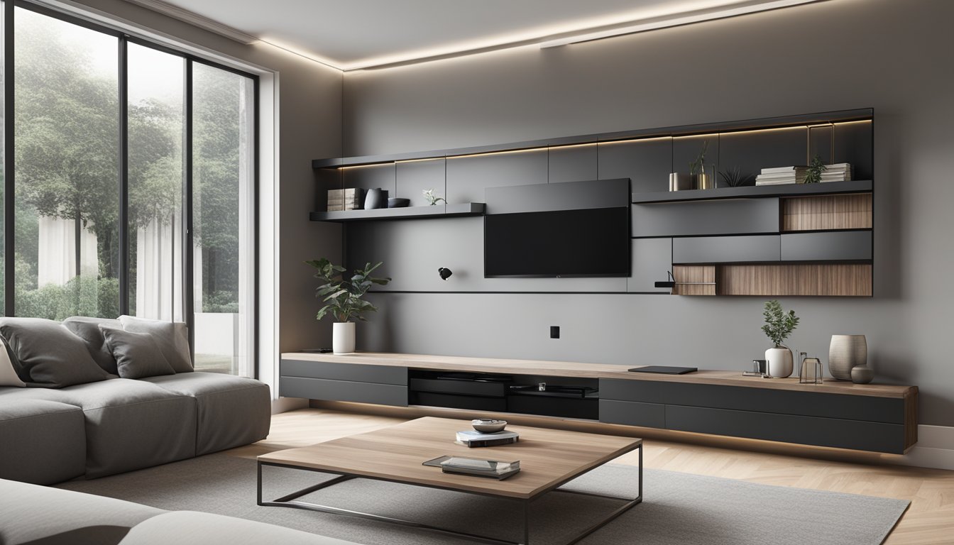 A living room with a sleek, built-in TV console seamlessly integrated into the wall, with hidden storage compartments and cable management features