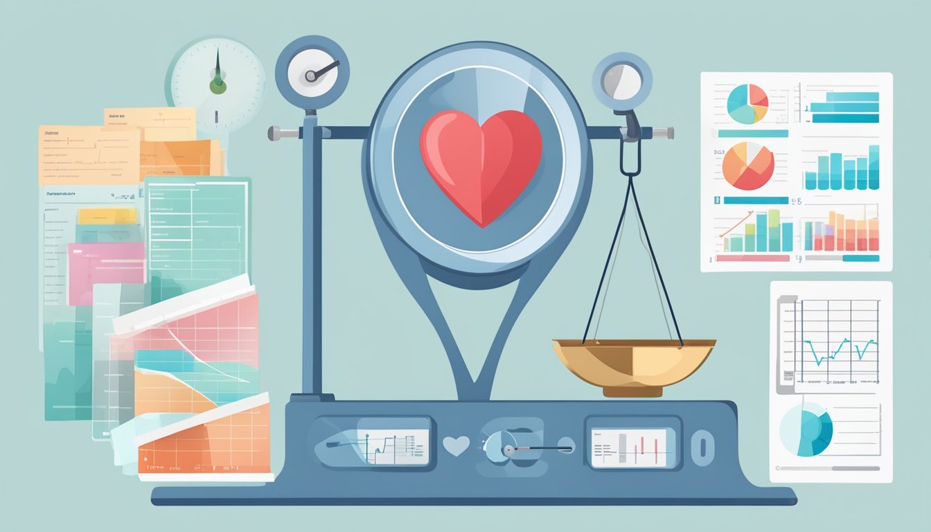 A scale surrounded by medical guidelines and heart failure statistics