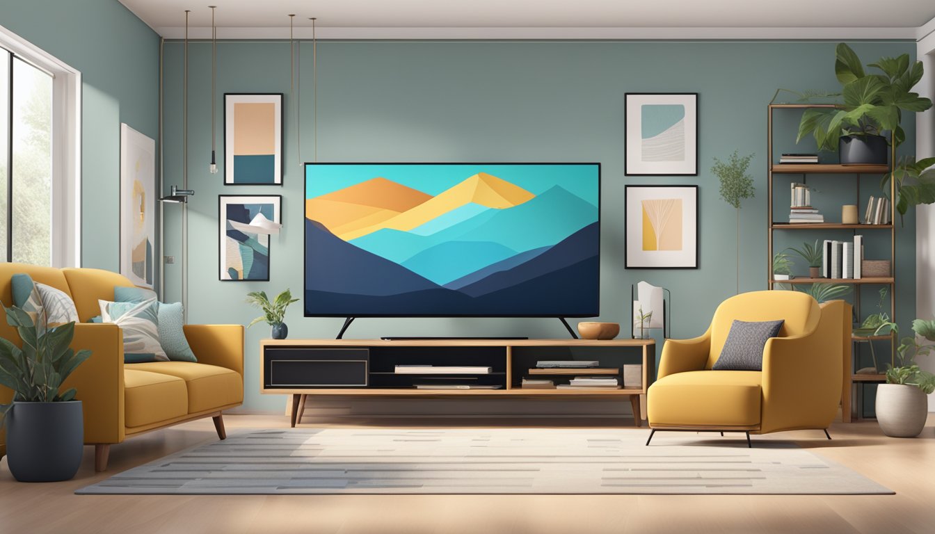A sleek TV console with built-in Frequently Asked Questions displayed on the screen, surrounded by modern living room decor