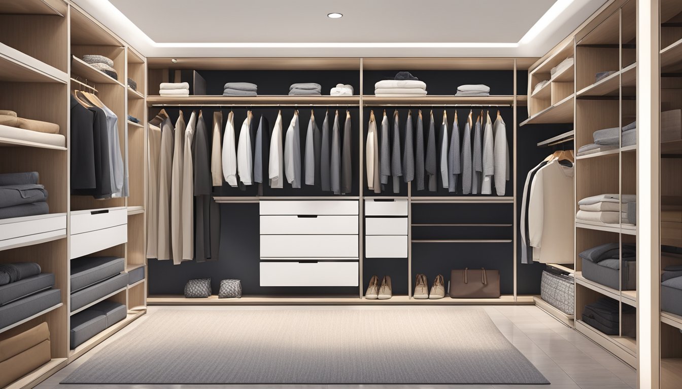 A spacious walk-in wardrobe in a modern HDB apartment, neatly organized with shelves, drawers, and hanging space for clothes and accessories