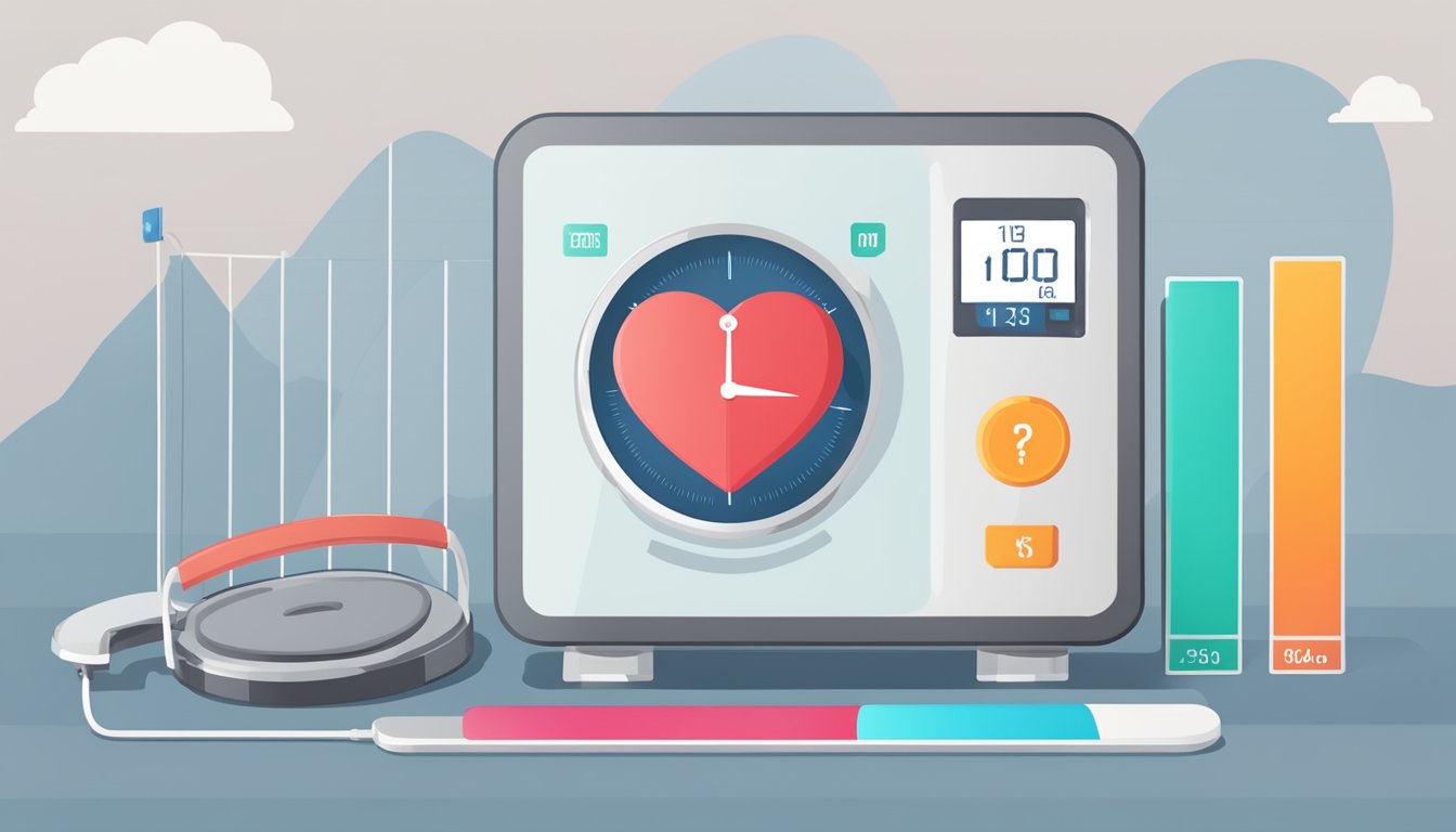 A scale with a heart rate monitor displaying weight loss FAQs and a graph showing mortality risk for heart failure