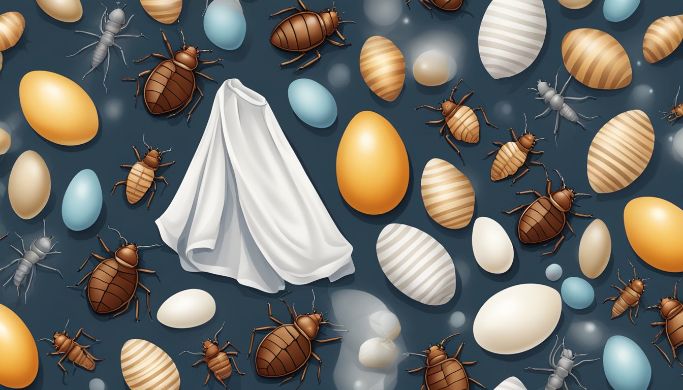 Bed bug eggs cling to fabric, like clothes, in a dark, cluttered room